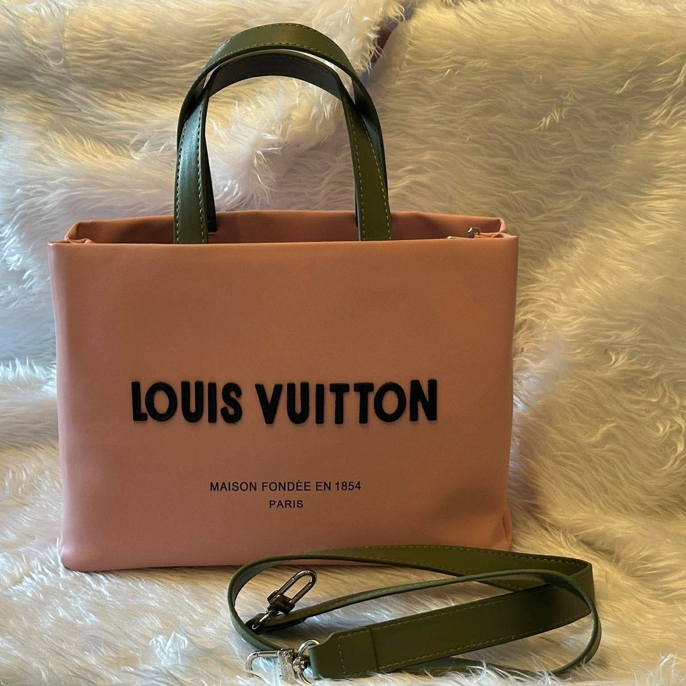 L Pink Tote with Olive Green Handles and Strap